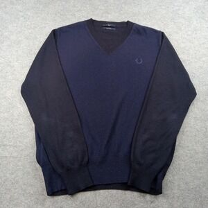Fred Perry Sweater Mens XL Blue V Neck Wool Blend Pullover Made In Italy Knit